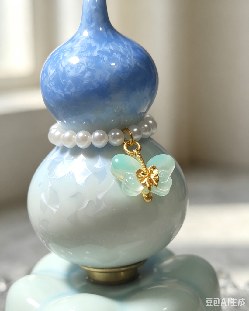 Ceramic gourd ornament pearl chain and pendant detail, zen desktop gift