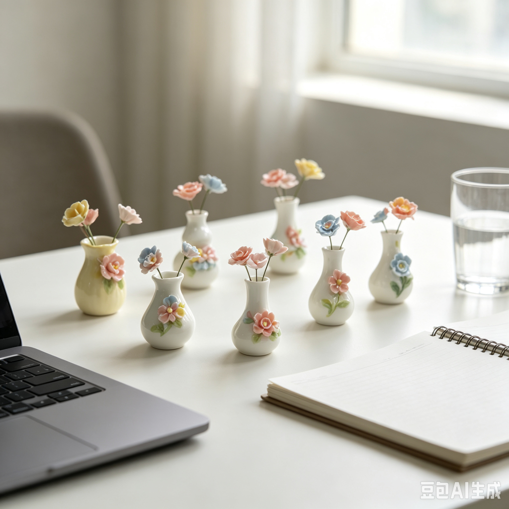 Assorted oriental mini porcelain vases decorating office work desk