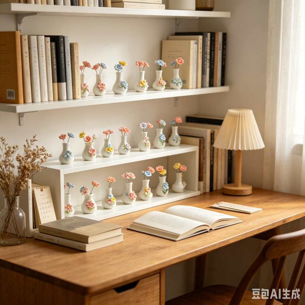 Hand‑pinched miniature porcelain vases arranged on wooden cabinet shelf