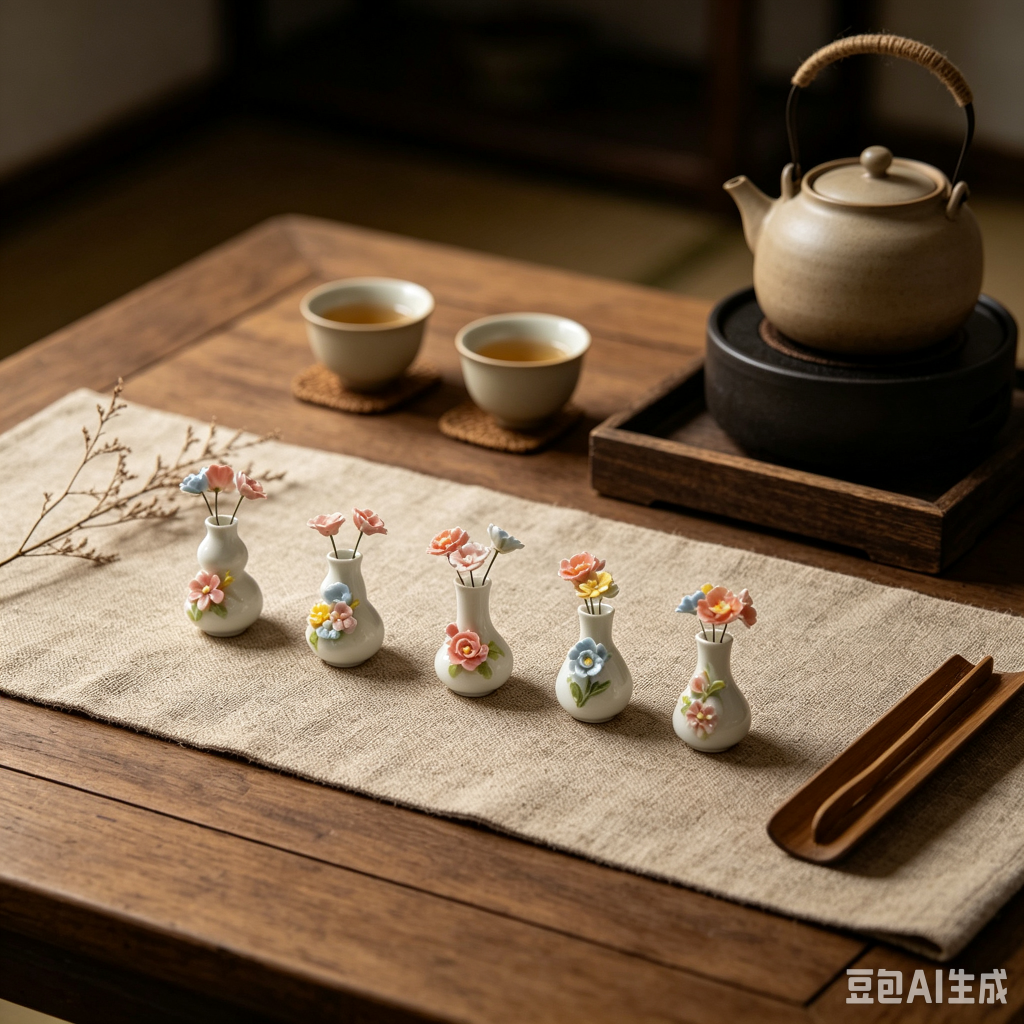 Multiple Gongyi hand‑pinched mini porcelain vases arranged on zen tea table