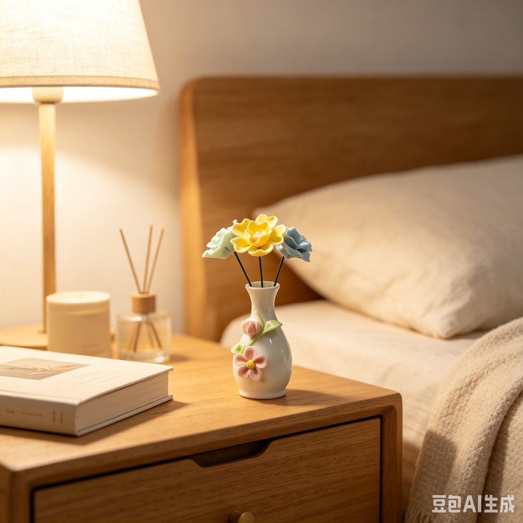 Handmade porcelain micro‑garden decor on bedroom nightstand