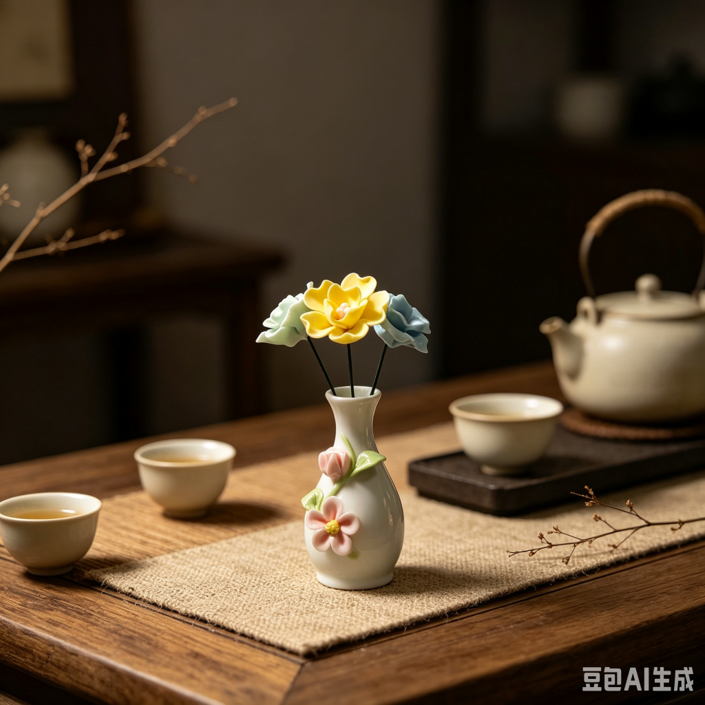 Oriental miniature porcelain vase on zen tea table