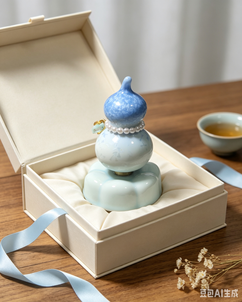 Handmade Gongyi kiln blue and white rotatable ceramic gourd ornament, zen desktop gift with pearl decoration